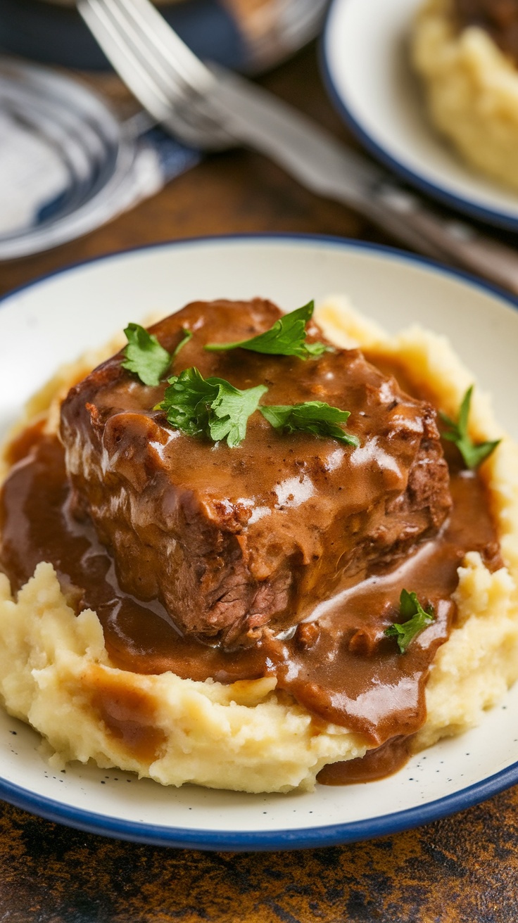 Tender cube steak with gravy over mashed potatoes, garnished with parsley on a rustic table.